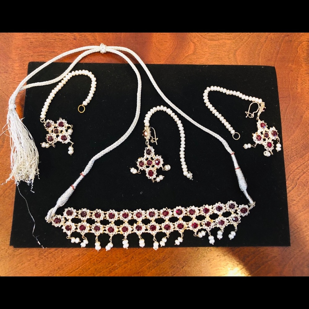 Indian-Style Ruby and Pearl Necklace and Earrings